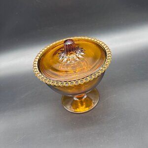 Vintage Amber Compote Candy Dish Lid Beaded Edge Pedestal Indiana Glass 1970s
